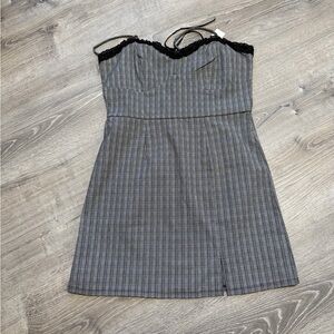 Francesca's Collections Grey Pinstripe Lace-Trim Mini Dress